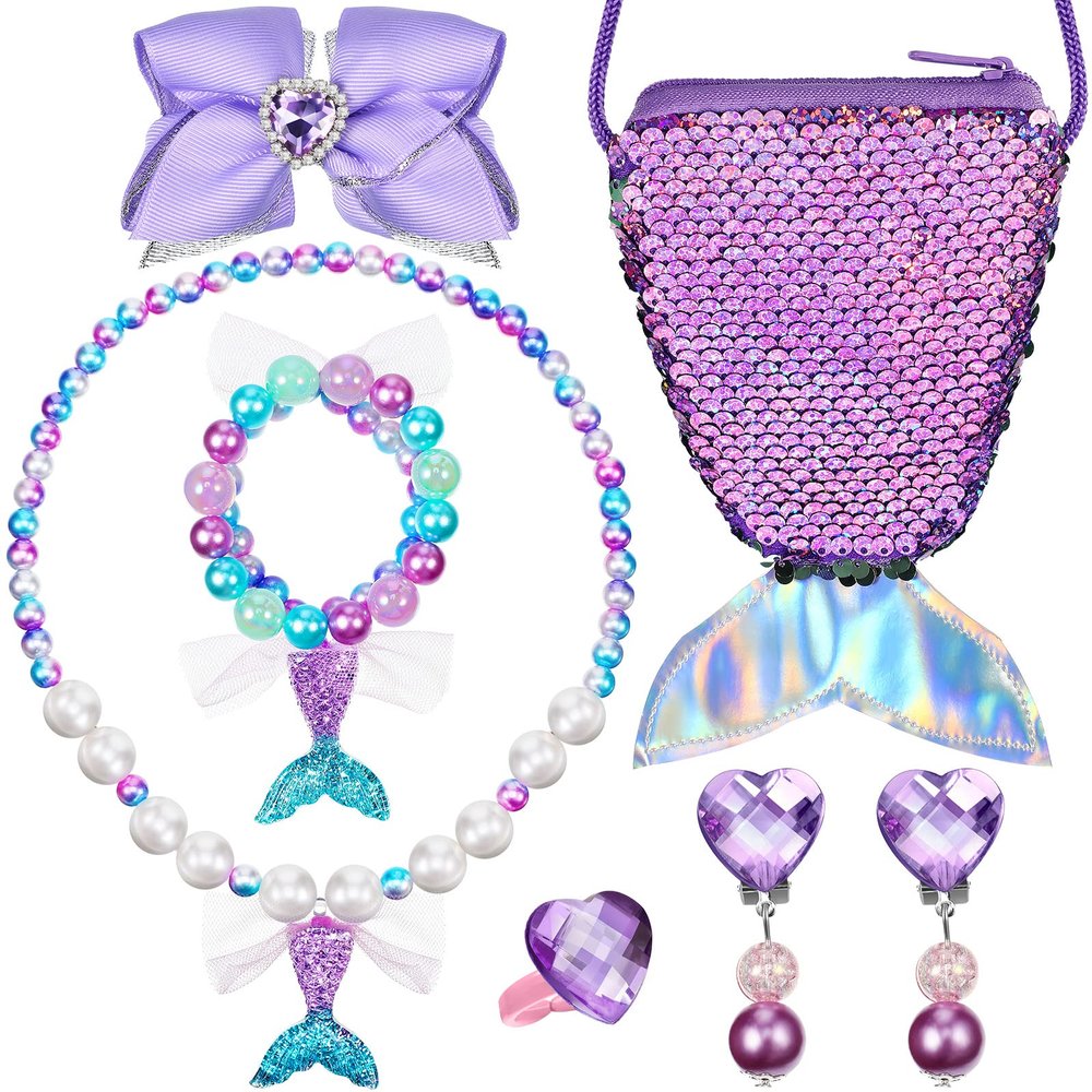 MTLEE 6 Pcs Mermaid Jewelry for Girls, Gifts Mermaid Jewelry for Kids Pretend Play Costume Accessories Necklace Bracelet Purse Ring Bow Hair Clip Earrings Holiday Dress up Party Decorations
