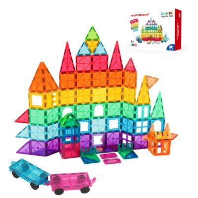 NEOFORMERS Magnetic Tiles, 96PCS Magnetic Block Toddler Toys with 2 Cars, 3D Clear Magnet Building Tiles Set, STEM Educational Toys for Kids 3-9 Years