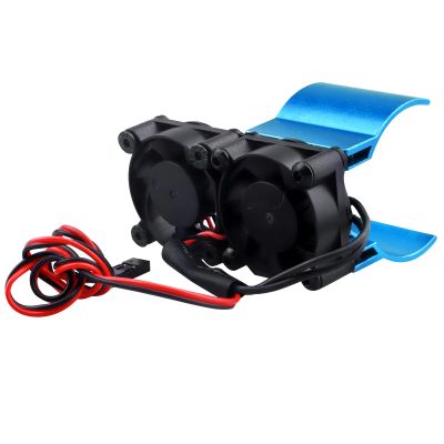 RC Motor Fan Radiator Aluminum Heat Sink Twin Cooling Fans Thermal Sensor for 1/10 RC Car 540/550 Traxxas Axial Redcat HSP HPI Wltoys Himoto Tamiya (Blue)
