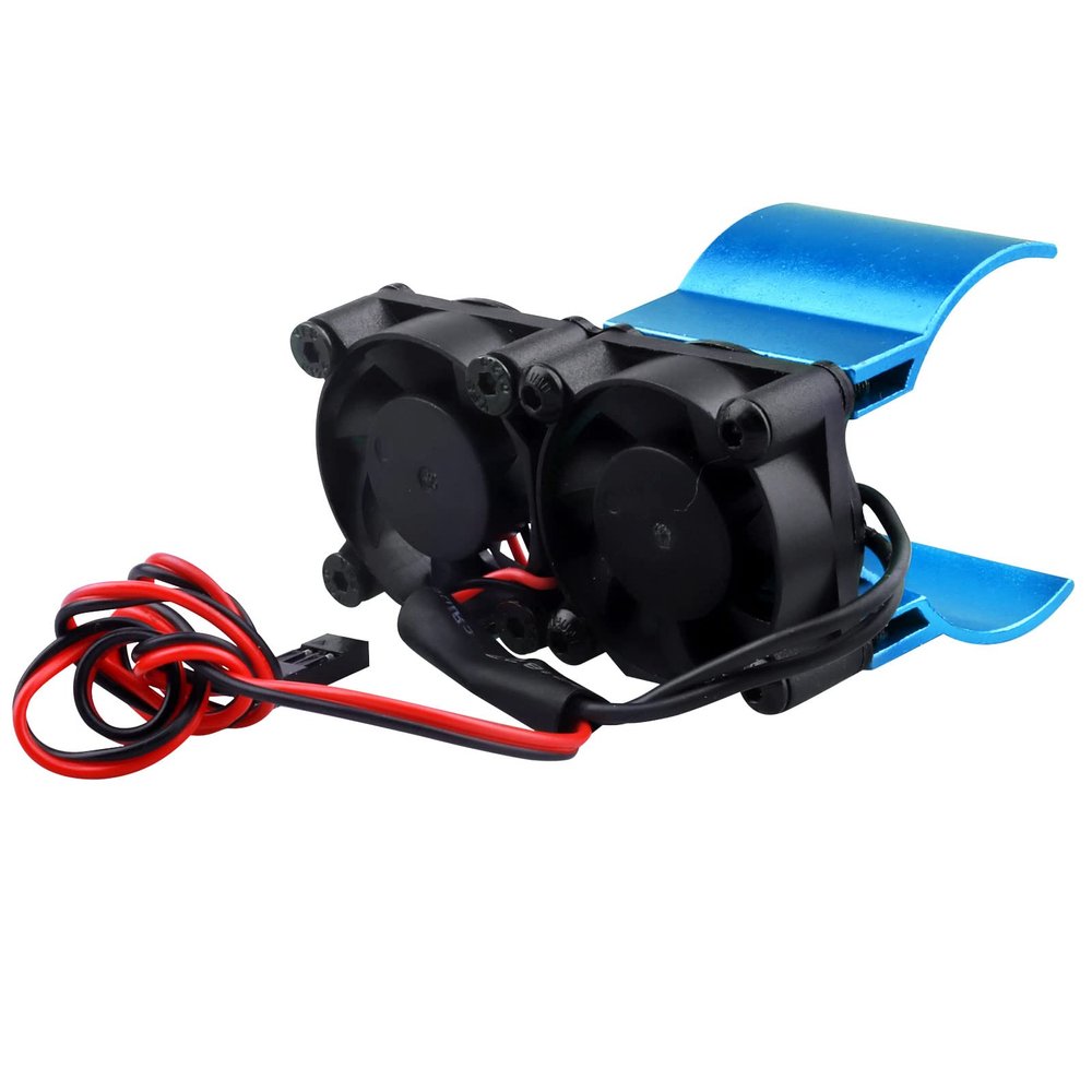 RC Motor Fan Radiator Aluminum Heat Sink Twin Cooling Fans Thermal Sensor for 1/10 RC Car 540/550 Traxxas Axial Redcat HSP HPI Wltoys Himoto Tamiya (Blue)