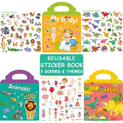 3 Sets Reusable Sticker Books for Kids Toddlers Window Clings Educational Stickers Toy (Animals +Dinosaurs+ My Body)