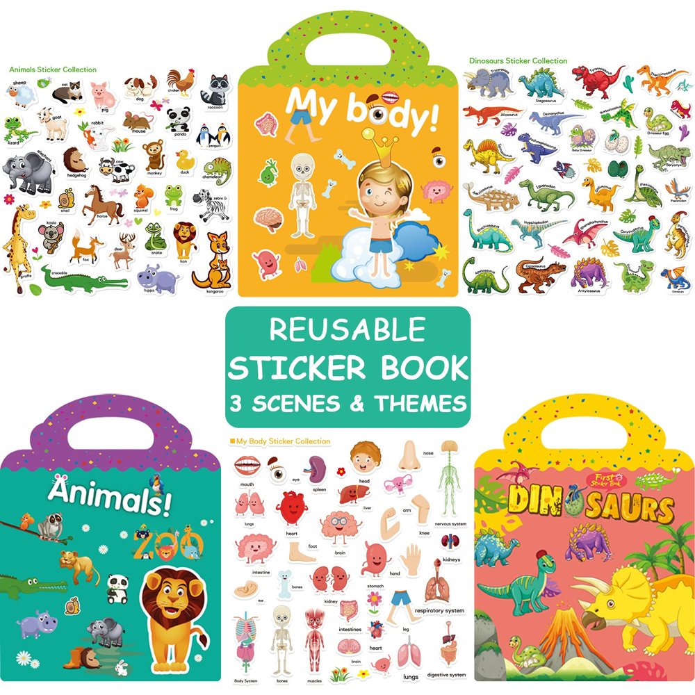 3 Sets Reusable Sticker Books for Kids Toddlers Window Clings Educational Stickers Toy (Animals +Dinosaurs+ My Body)