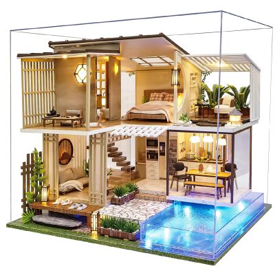 Spilay Dollhouse Miniature with Furniture,DIY Wooden Crafts Doll House Mini Handmade Kit,1:24 Scale Creative Room Idea Gift for Adult Friend Lover (Elegant and Quiet with dust Cover Music Box)