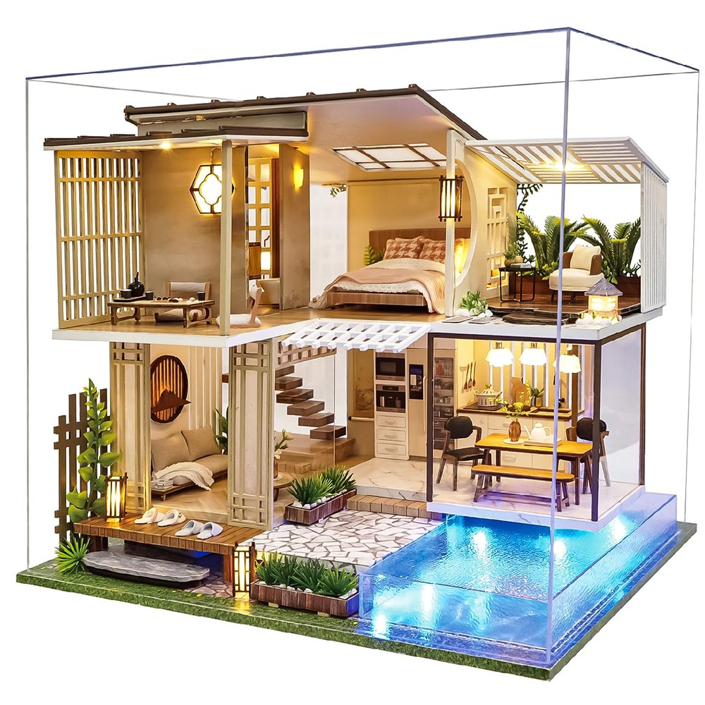 Spilay Dollhouse Miniature with Furniture,DIY Wooden Crafts Doll House Mini Handmade Kit,1:24 Scale Creative Room Idea Gift for Adult Friend Lover (Elegant and Quiet with dust Cover Music Box)