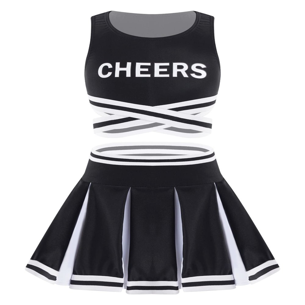 CHICTRY Girls Classic Cheer Leader School Team Uniform Letter Printed Crisscross Crop Top with Skirts Black 6 Years