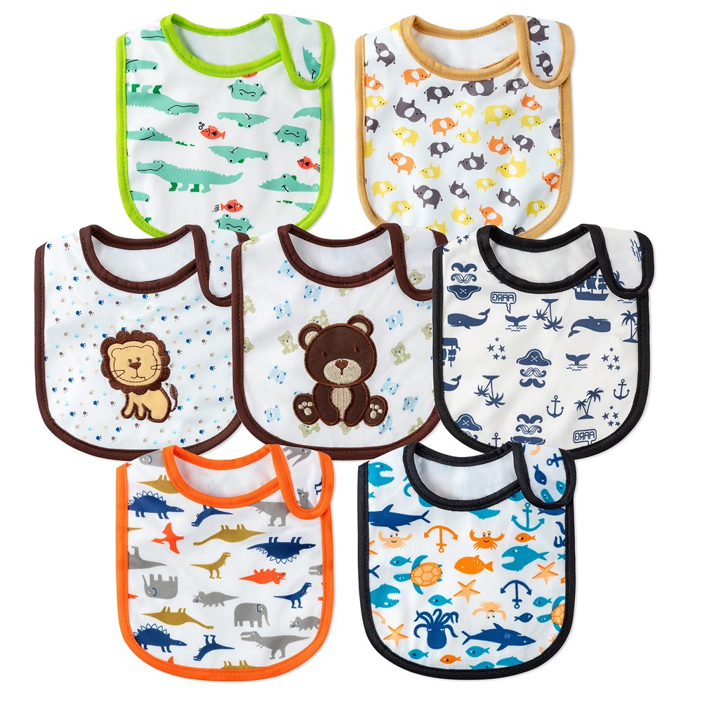 2ooya 7Pcs Waterproof Cotton Baby Bibs Adjustable Hook Loop Closure Infant Bib Unisex Blue Newborn Babies Infant Food Bibs Keepsake Baby Gift for Eating Teething Drooling Feeding6-12 Months