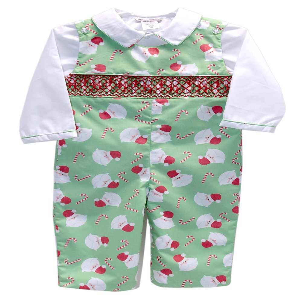 Carouselwear Boys Green Smocked Christmas Longall with Santa Claus Outfit for the Holidays Newborn Baby