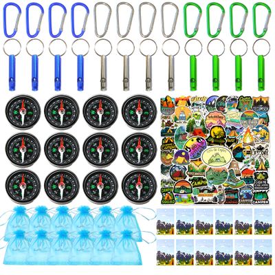 110PCS Camping Happy Birthday Party Favors Gift Bag Kits with Camp Compass, Hiking Whistles Keychain Carabiner, Camping Stickers Decorations for Outdoor Camper Nature Adventure Exploration Supplies