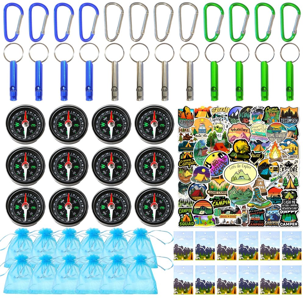 110PCS Camping Happy Birthday Party Favors Gift Bag Kits with Camp Compass, Hiking Whistles Keychain Carabiner, Camping Stickers Decorations for Outdoor Camper Nature Adventure Exploration Supplies