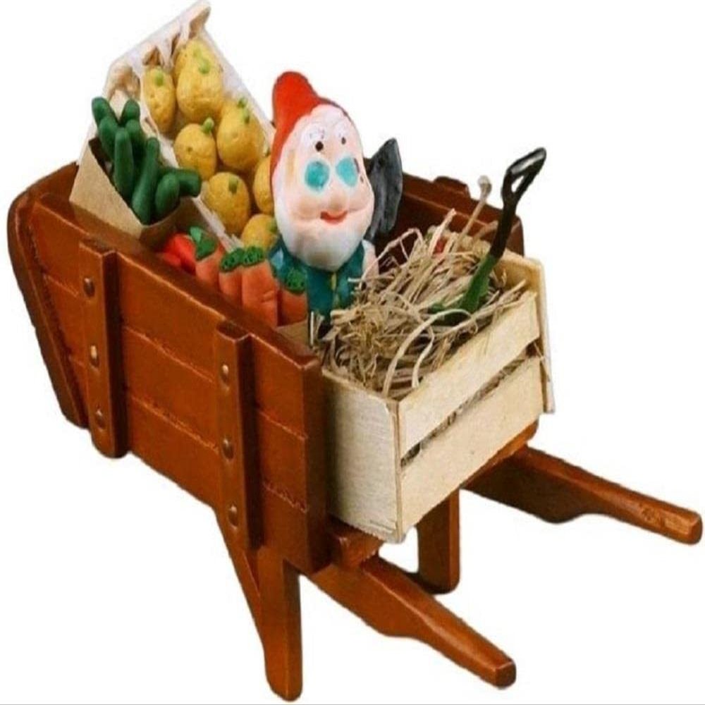 Melody Jane Dolls Houses Dollhouse Wheelbarrow with Gnome & Produce Miniature Garden Accessory 1:12