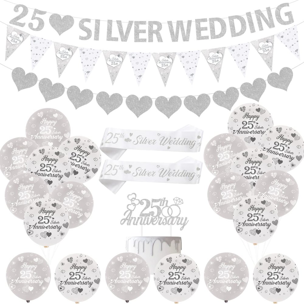 25th Wedding Anniversary Decorations - Silver Balloons, Banner, Heart Rings, Cake Topper, Satin Sash for Party Supplies