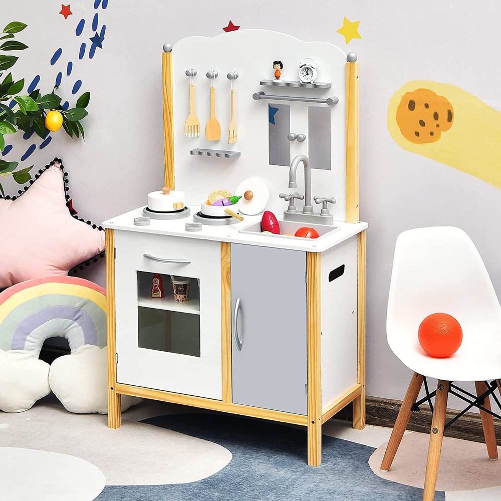 HONEY JOY Kids Kitchen Playset, Toddlers Wooden Play Kitchen w/Sink & Cookware Utensils, Stove with Sounds, Large Cupboard, Pretend Play Toy Kitchen Set for Boys Girls Age 3+ (Wood)
