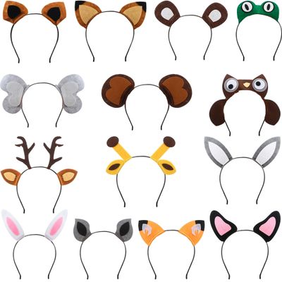 Haconba 14 Pieces Jungle Animal Headbands Safari Zoo Animal Ear Headband Lion Giraffe Elephant Owl Rabbit Frog for Animal Theme Parties Birthday Halloween New Year Cosplay Party Favors