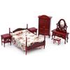 iLAND Wooden Dollhouse Furniture 1/12 Scale, Dollhouse Bedroom Furniture in Mahogany Color incl Dollhouse Bed & Dressing Table & Wardrobe (Classical Miniature Furniture 6pcs) view 1