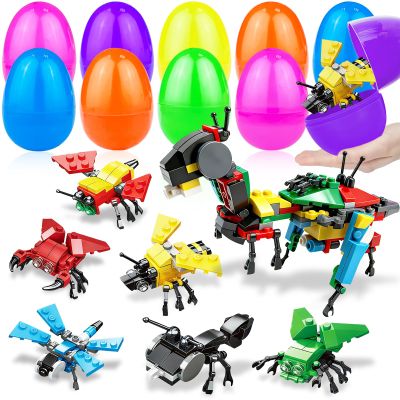 12 Pack 3" Large Easter Eggs Filled Stem Building Toys Easter Basket Essential 6 in 1 Transform Insect Building Blocks Basket Stuffers Filler Gifts for Kids Toddlers Boys Girls Eggs Hunt Party Favor