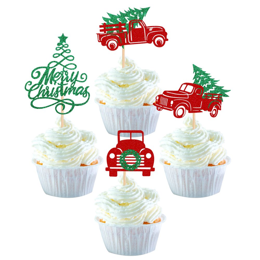24 Pack Christmas Tree Cupcake Toppers Glitter Red Truck and Car Merry Christmas Cupcake Picks Decorations for Merry Christmas Tree Xmas Theme New Year Holiday Party Supplies