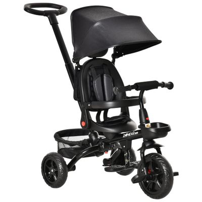 Qaba Kids Tricycle, 4 in 1 Foldable Trike with Reversible Seat, Adjustable Parent Handle, Safety Harness, Wheel Brakes, Removable Canopy, Storage, Tricycle for Toddlers 1-5 Years, Black