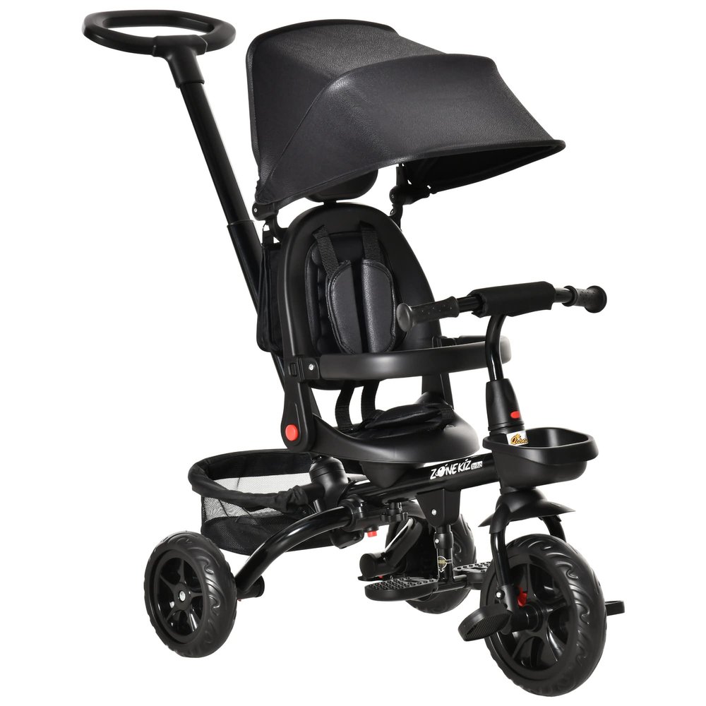 Qaba Kids Tricycle, 4 in 1 Foldable Trike with Reversible Seat, Adjustable Parent Handle, Safety Harness, Wheel Brakes, Removable Canopy, Storage, Tricycle for Toddlers 1-5 Years, Black