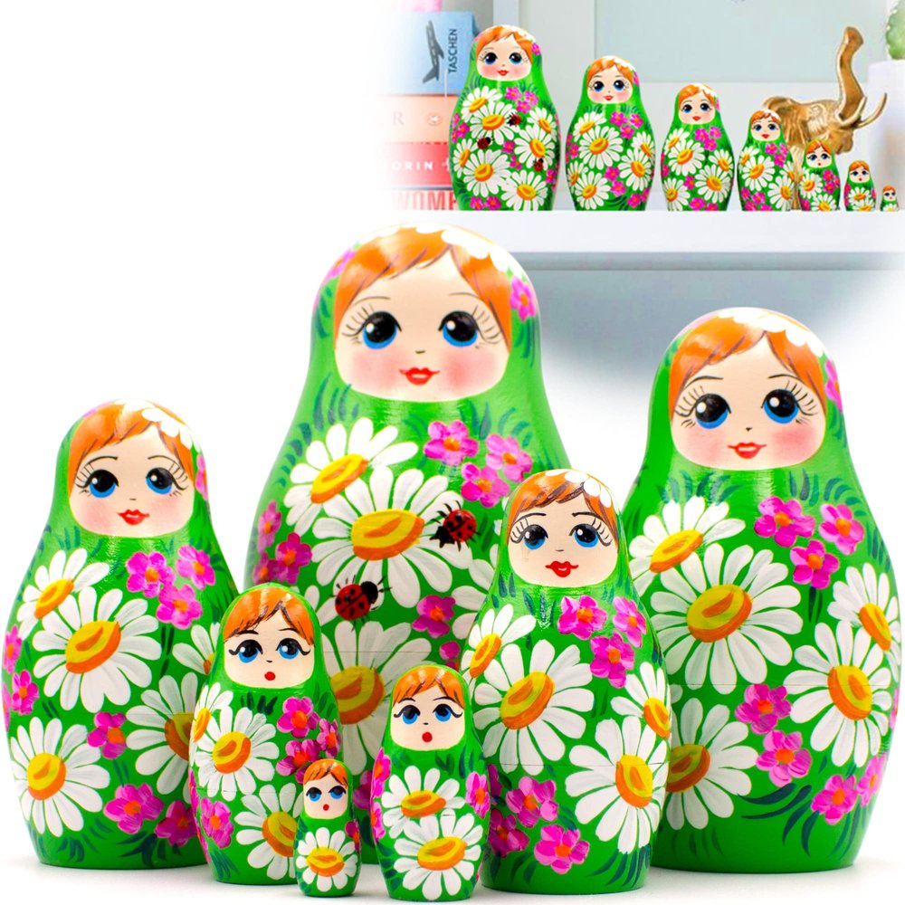 AEVVV Russian Nesting Dolls Set of 7 pcs - Matryoshka Dolls in Summer Dress with Chamomile Flower Decorations - Cottage Core Room Decor - Cute Desk Decor