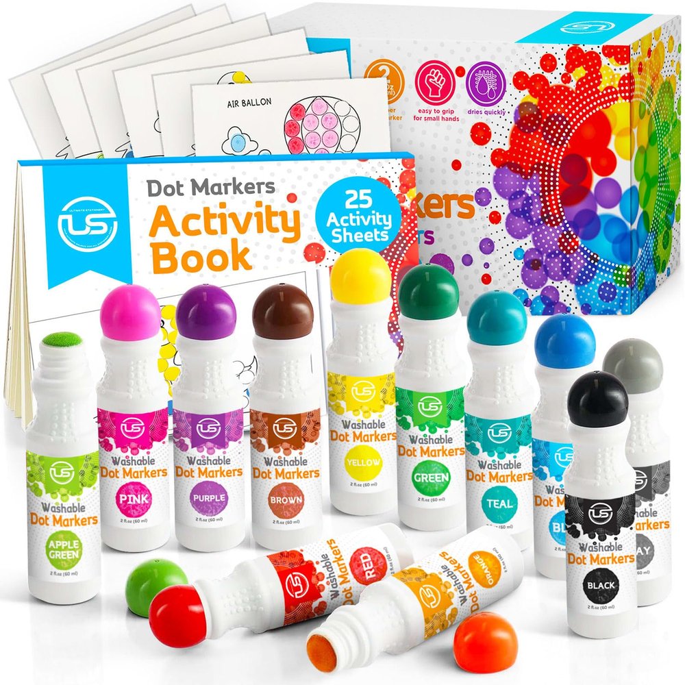 Ultimate Stationery Dot Markers for Toddlers and Kids - 12 Colors Washable Bingo Daubers, Dot Art, Toddler Art and Crafts - Includes Free Activity Book