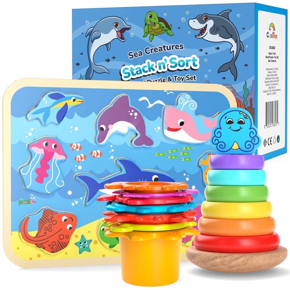 CoolToys Stack n Sort Toddler and Baby Learning Toys Set - 3 Fine Motor Skills Educational Toys for Toddlers, Wooden Stacking Rings, Stacking & Nesting Cups, Wooden Baby Puzzle, Ocean Theme