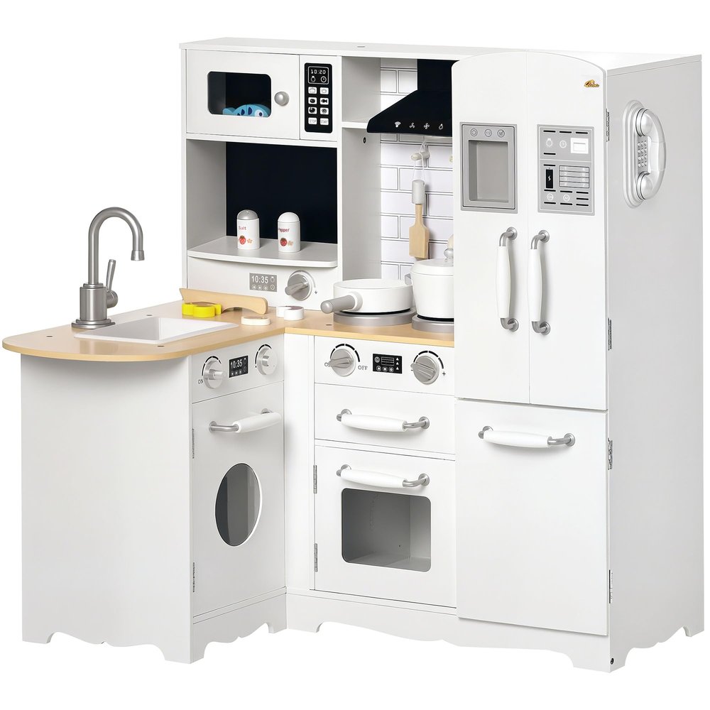 Qaba Pretend Play Corner Kitchen, Interactive Wooden Kids Play Kitchen w/Realistic Sounds, Telephone, Refrigerator, Oven, Microwave, Gift for Toddlers Aged 3+