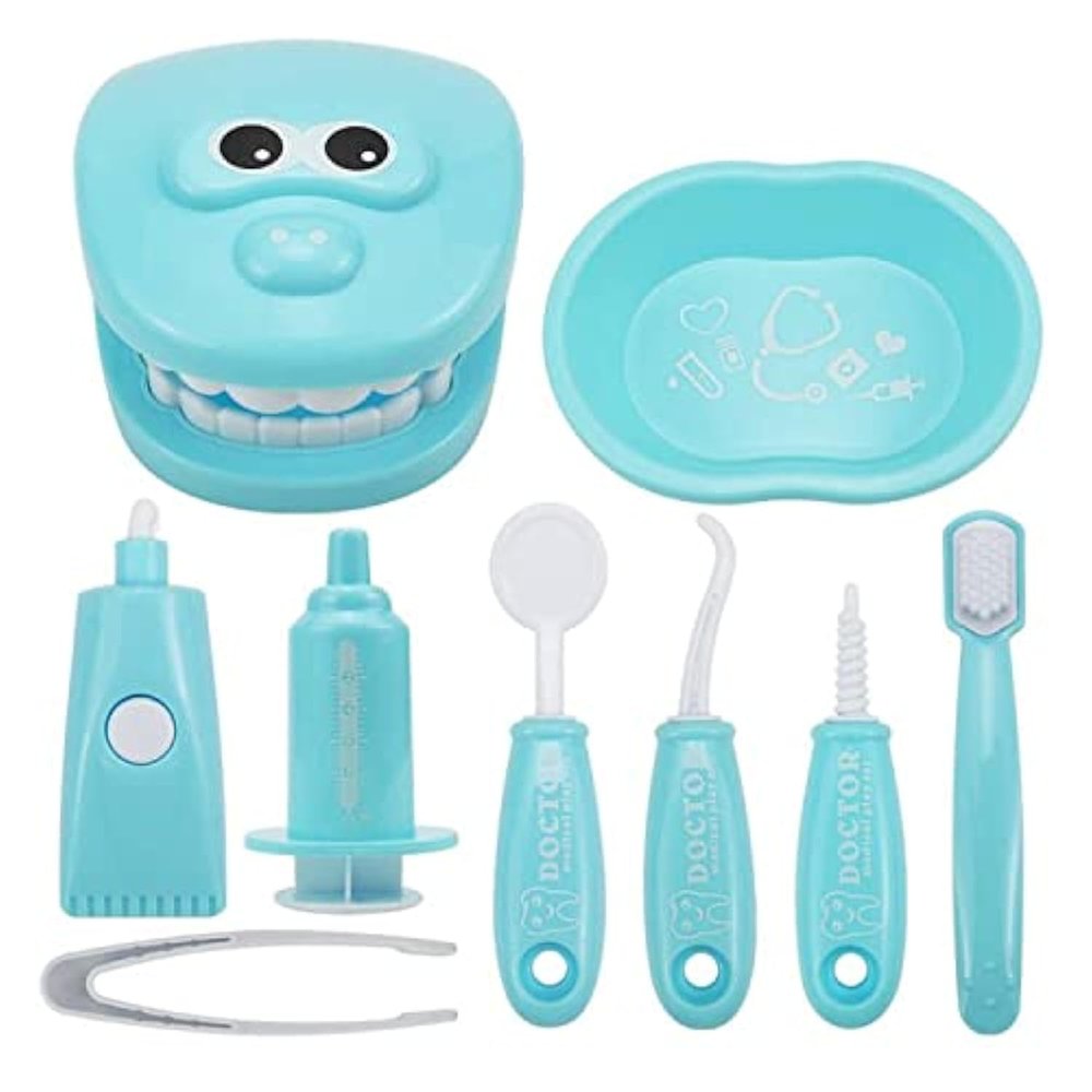 9PCS Plastic Simulation Dentist Play Set Medical Kit Pretend Toy for Kids Hygienic Habbit Cultivation Role Play Game for Children 6 Colors (Purple/Pink/Yellow/Green) Simple OPP Bag Packaging (Blue)