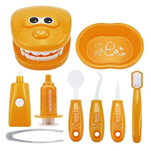 9PCS Plastic Simulation Dentist Play Set Medical Kit Pretend Toy for Kids Hygienic Habbit Cultivation Role Play Game for Children 6 Colors (Purple/Pink/Yellow/Green) Simple OPP Bag Packaging (Orange)