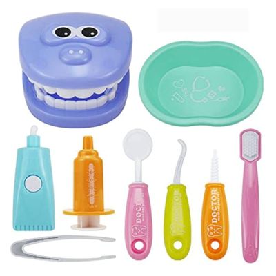 OPTSPTOY 9PCS Plastic Simulation Dentist Play Set Medical Kit Pretend Toy for Kids Hygienic Habbit Cultivation Role Play Game for Children 6 Colors Simple OPP Bag Packaging (Mixed Color)