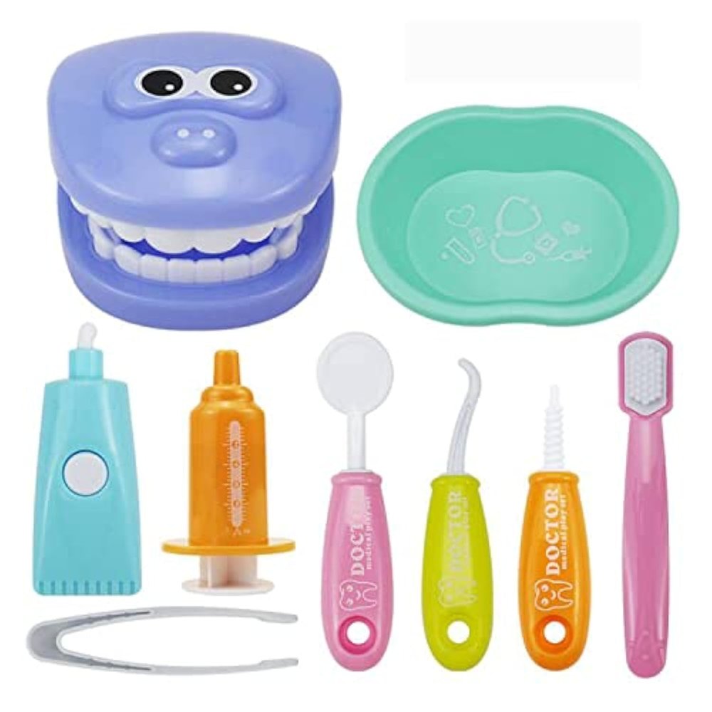 OPTSPTOY 9PCS Plastic Simulation Dentist Play Set Medical Kit Pretend Toy for Kids Hygienic Habbit Cultivation Role Play Game for Children 6 Colors Simple OPP Bag Packaging (Mixed Color)