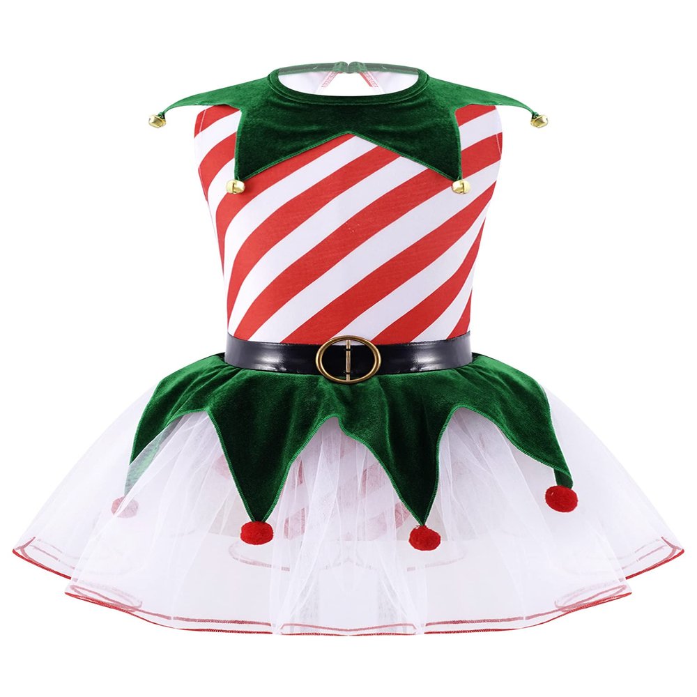 Agoky Kids Girls Xmas Costume Dress Sleeveless Striped Print Sequin Tutu Dress Christmas Carnival Fancy Dresses Red_D 14