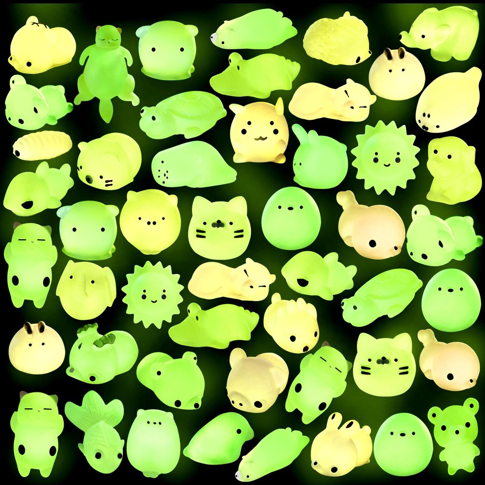 Outee 50 Pcs Mochi Toys Mini Mochi Animals Toys Glow in The Dark Toys Stress Relief Toys Bulk Mochi Cat Random Halloween Kids Party Favors for Goodie Bag