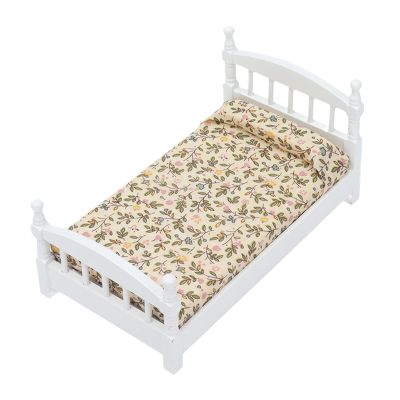 Wooden Doll House Bed 1: 12 Scale Miniature Bedroom Furniture Set with Mattress Pillows