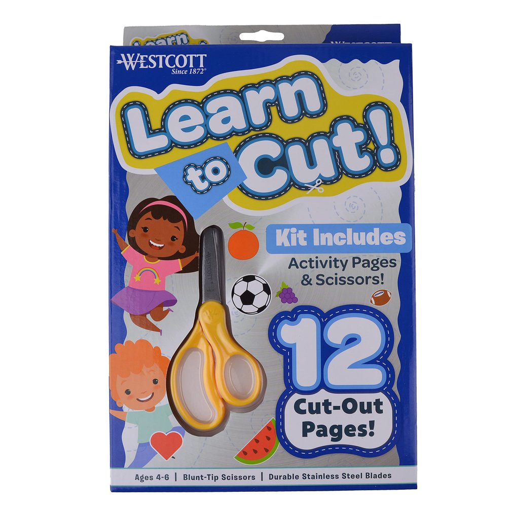 Westcott Learn-to-Cut Scissors and Activity Book Set for Kids - Back to School Learning Crafts for Preschool and Kindergarten - Includes 12 Pages of Cuttable Pictures and 5" Blunt-Tip Safety Scissors