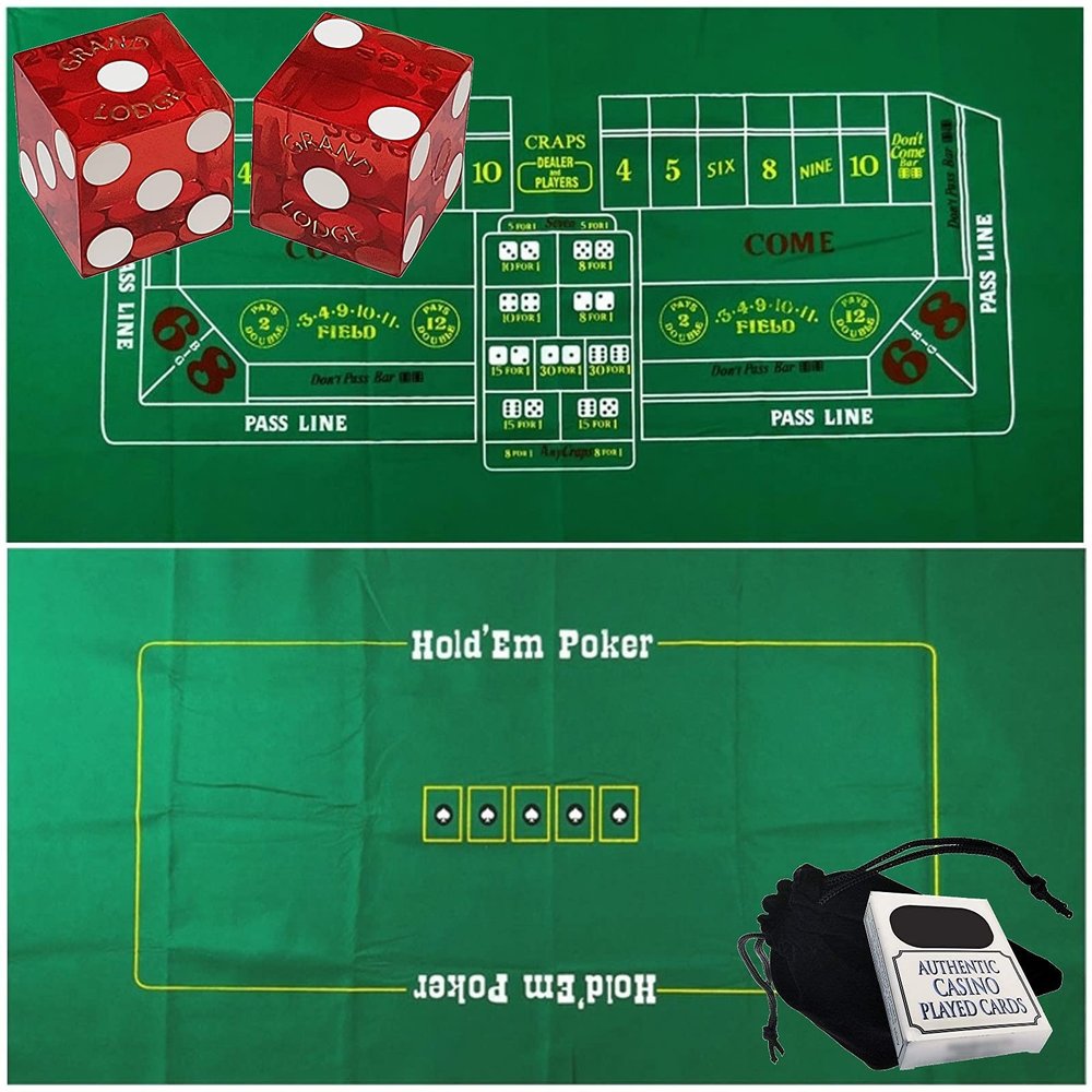 Craps & Texas Hold'em Poker Essentials Set: 2-Sided 6ft x 3ft Felt Layout, Nevada Casino Table-Played Dice & Cards, Plus Storage Pouch (Lake Tahoe Hyatt Regency Grand Lodge (Red Polished))