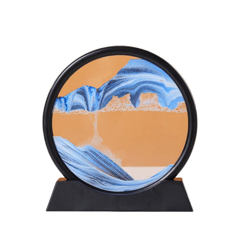 PTGMH Moving Sand Art Decor 3D Pictures in Glass Colorful Sandscape Home Office Display Flowing Sand Art Liquid Motion Round Frame (Blue (Round))
