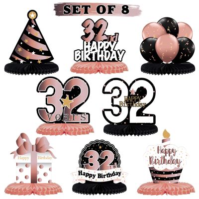 LINGTEER Happy 32nd Birthday Rose Gold Table Honeycomb Centerpieces Cheers to 32nd Birthday 32 Years Old Party Table Decorations Gift Sign.