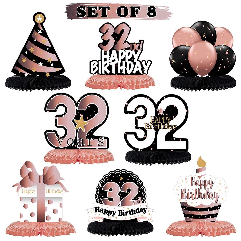 LINGTEER Happy 32nd Birthday Rose Gold Table Honeycomb Centerpieces Cheers to 32nd Birthday 32 Years Old Party Table Decorations Gift Sign.