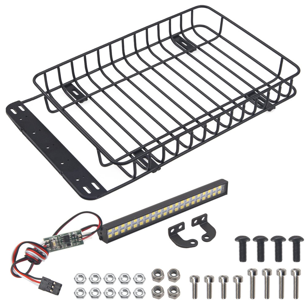 ShareGoo RC 1/10 Metal Roof Rack Luggage with 40Led Roof Light Bar Compatible with Traxxas TRX4 Axial SCX10 90046 Tamiya CC01 D90 Wrangler 1/10 RC Crawler Car