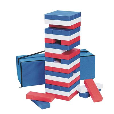 S&S Worldwide Patriotic Super Tumbling Timbers. Giant Version of Popular Stacking Game with Light Hollow Plastic Blocks. 50% Lighter Than Wood! Includes Activity Guide, Bag, 54-9"x3"x1.6" Blocks.