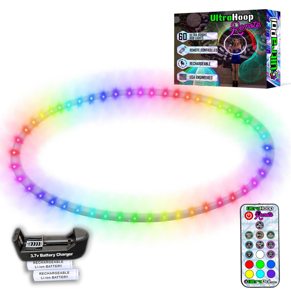 UltraHoop Remote LED Hoop - Wireless Control 60 Color Changing LED Lights w/ 300+ Modes & Patterns - Rechargeable Battery, HDPE Collapsible, Advanced to Beginner Hoola Hoops - 36 x 3/4" OD - UltraPoi