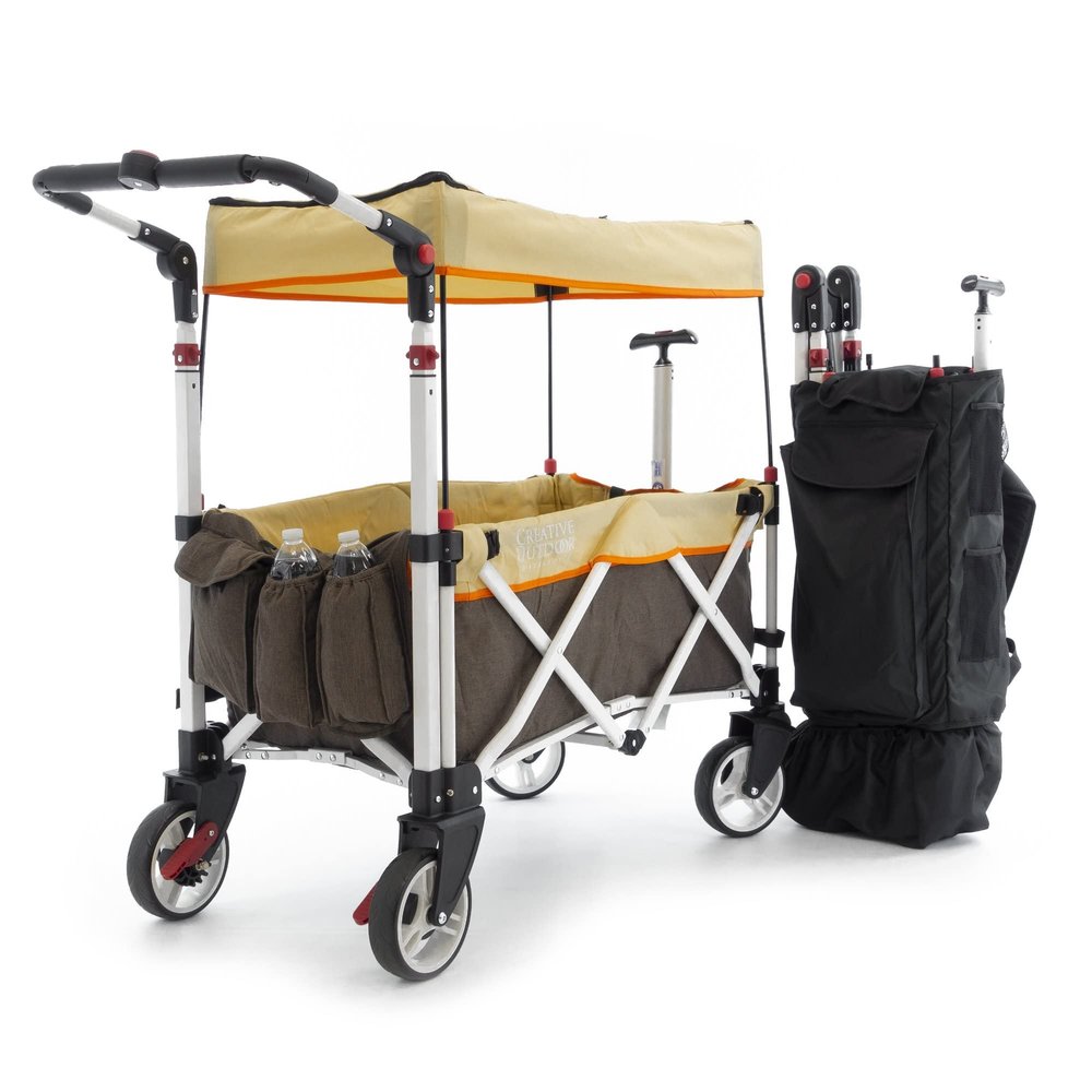 Creative Outdoors Push Pull Ultra Compact Folding Stroller Wagon with Canopy for Camping, Beach, Park, Sporting Events, Supports up to 150lbs, Brown/Tan