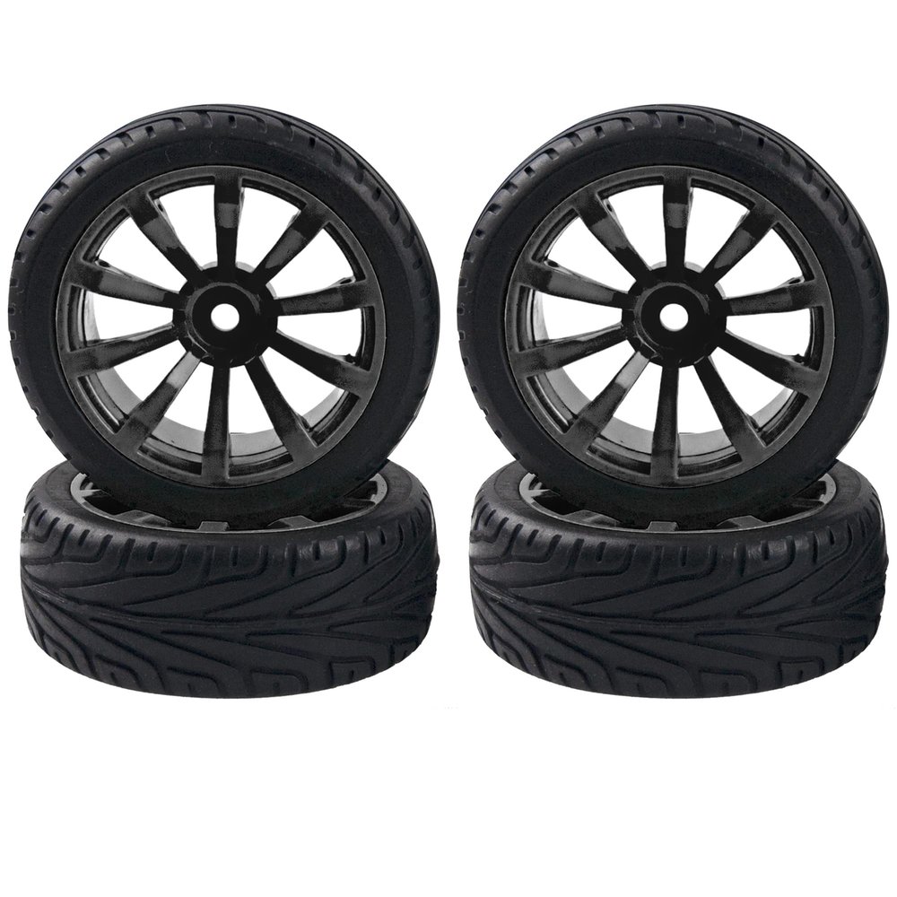 HIRCQOO 10-Spoke RC 12mm Hex Hub Wheel Rims & Rubber Tires Compatible with HSP Tamiya HPI Kyosho 1/10 On-Road Touring Car,WLtoys 1/14 144001 Traxxas 1/16 Slash RC 1/18 A959B Buggy (Black)