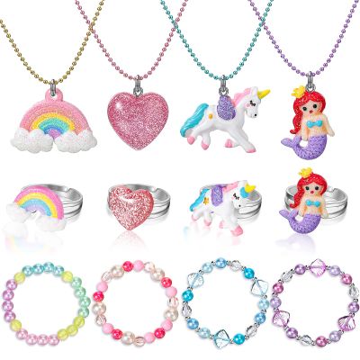 Sureio 12 PCS Girls Necklaces Bracelets and Rings Set with Unicorn Mermaid Rainbow Heart Shell Star Pendants Girls Jewelry Set Party Favors Friendship Pretend Dress Up Play Jewelry (Cute Style)