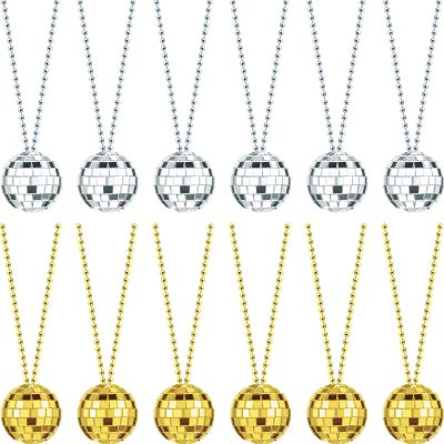 Hicarer 12 Piece Mirror Disco Ball Costume Necklaces 70s Disco Party Necklaces for Home Decorations, 1.57 Inch Stage Props, Game Accessories, Party Favor and Supplies(Silver, Gold)