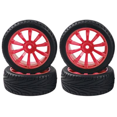 HIRCQOO 10-Spoke RC 12mm Hex Hub Wheel Rims & Rubber Tires Compatible with HSP Tamiya HPI Kyosho 1/10 On-Road Touring Car,WLtoys 1/14 144001 Traxxas 1/16 Slash RC 1/18 A959B Buggy (Red)