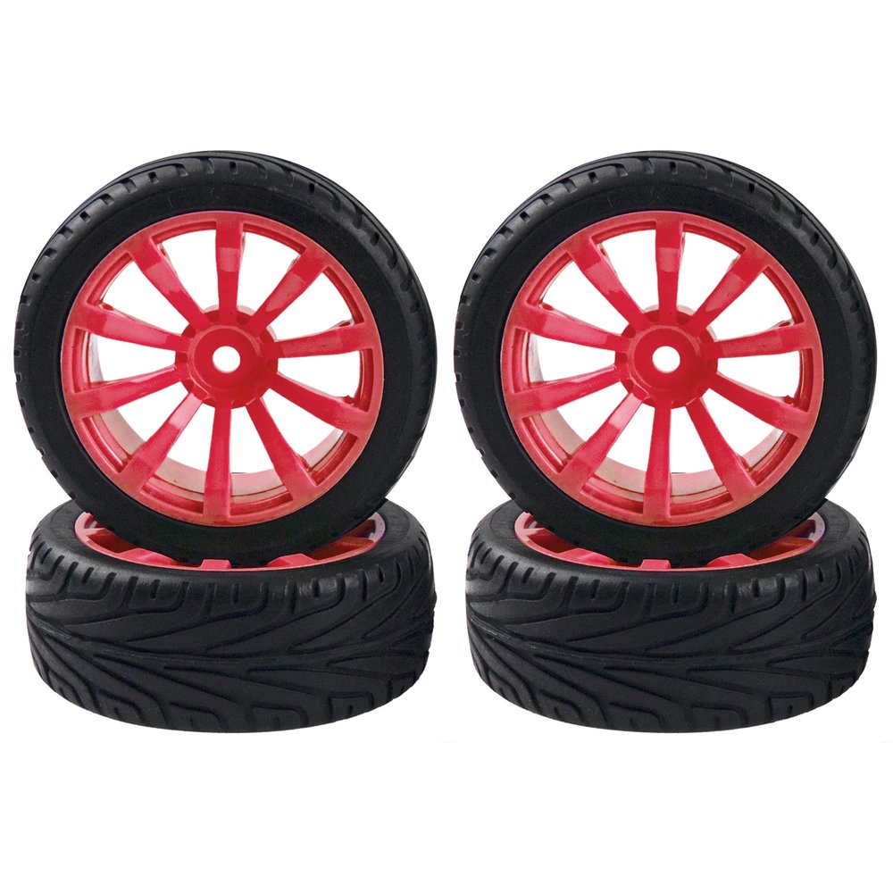HIRCQOO 10-Spoke RC 12mm Hex Hub Wheel Rims & Rubber Tires Compatible with HSP Tamiya HPI Kyosho 1/10 On-Road Touring Car,WLtoys 1/14 144001 Traxxas 1/16 Slash RC 1/18 A959B Buggy (Red)