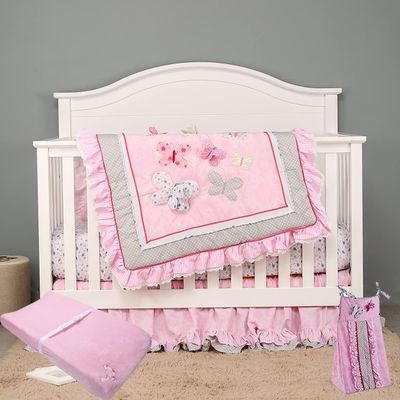 4 PCs Cotton Embroidery 3 D Butterfly Nursery Crib Bedding Set Baby Girl Pink Flower Butterfly Cot Bedding Set 1 Quilt 1 Fitted Sheet 1 Changing Pad Cover Sheet 1 Diaper Organizer