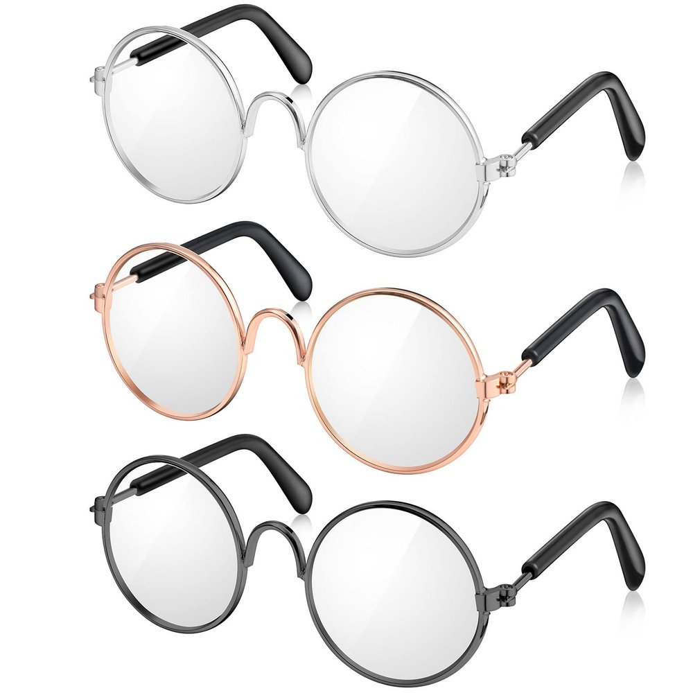 3 Pairs Doll Glasses - Metal Wire Rim Clear Lens Eyewear Fabric Dress Up Eyeglasses for 18 Inch and Other Dolls (3.14 Inch)