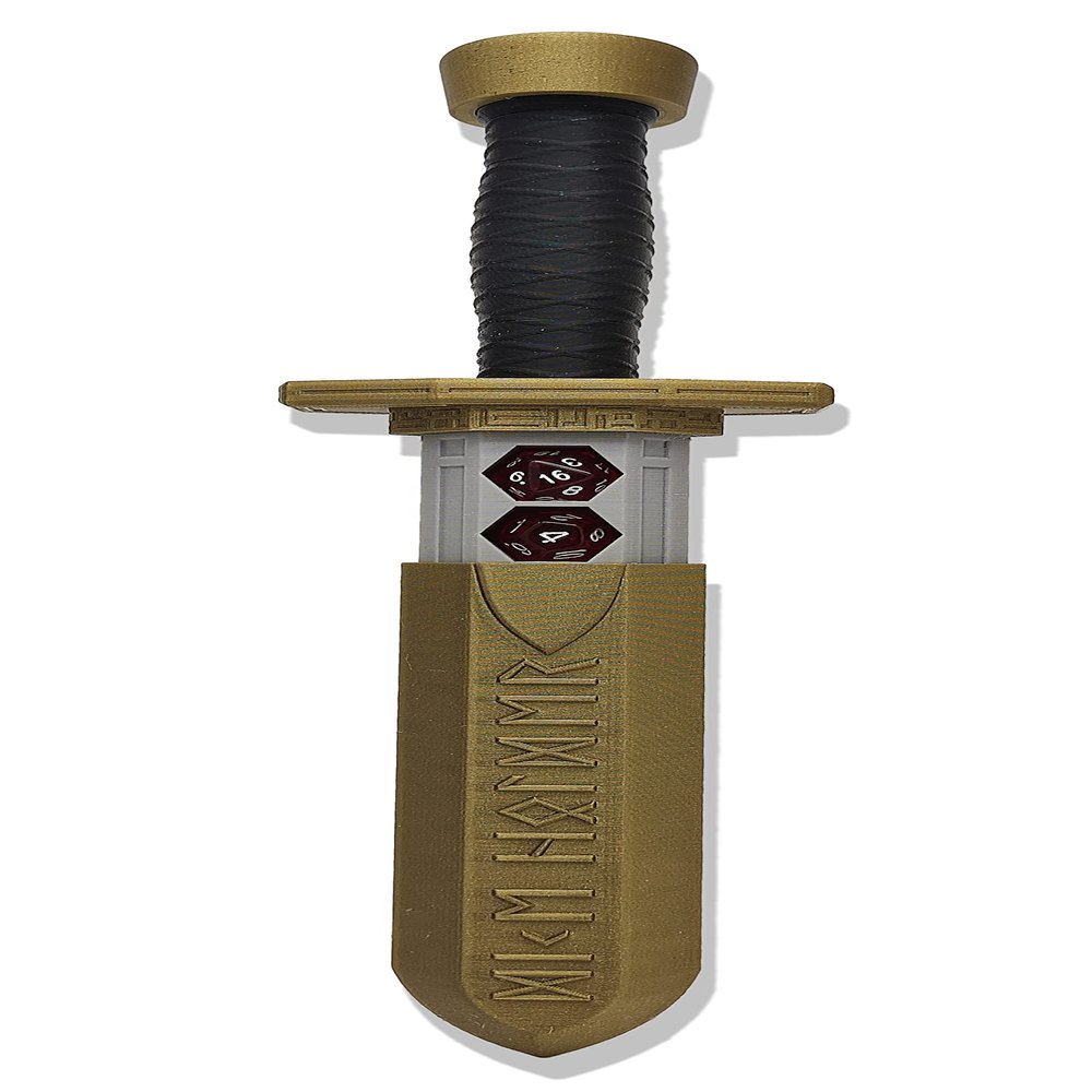 MunnyGrubbers - Sword Dagger Dice Holder - (Random 7PCS D20 Dice Set Included) - Custom Polyhedral Dice Storage for Tabletop RPG - Dungeons and Dragons - DND - D&D (Bronze)